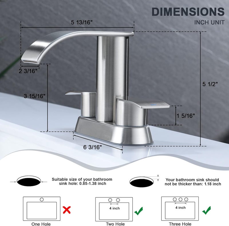 Ultimate Unicorn Waterfall Bathroom Sink Faucet Brushed Nickel, Two Handles Bathroom Faucet with Metal Pop up Sink Drain Stopper, Two Or 3 Holes Bathroom Basin Mixer Tap, Patent No. : US D983,326 S - Image 3